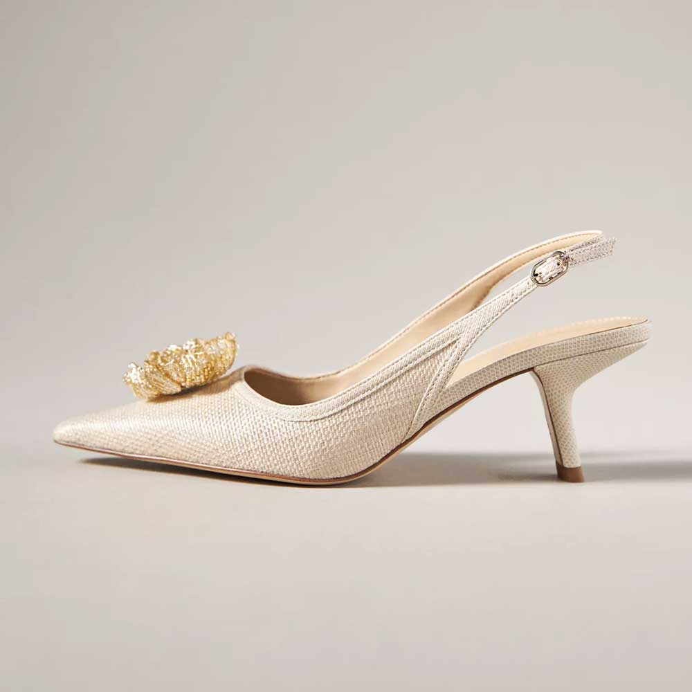 Beige Textile Pointed Toe Kitten Heel Floral Inlay Slingback Pumps Nicepairs