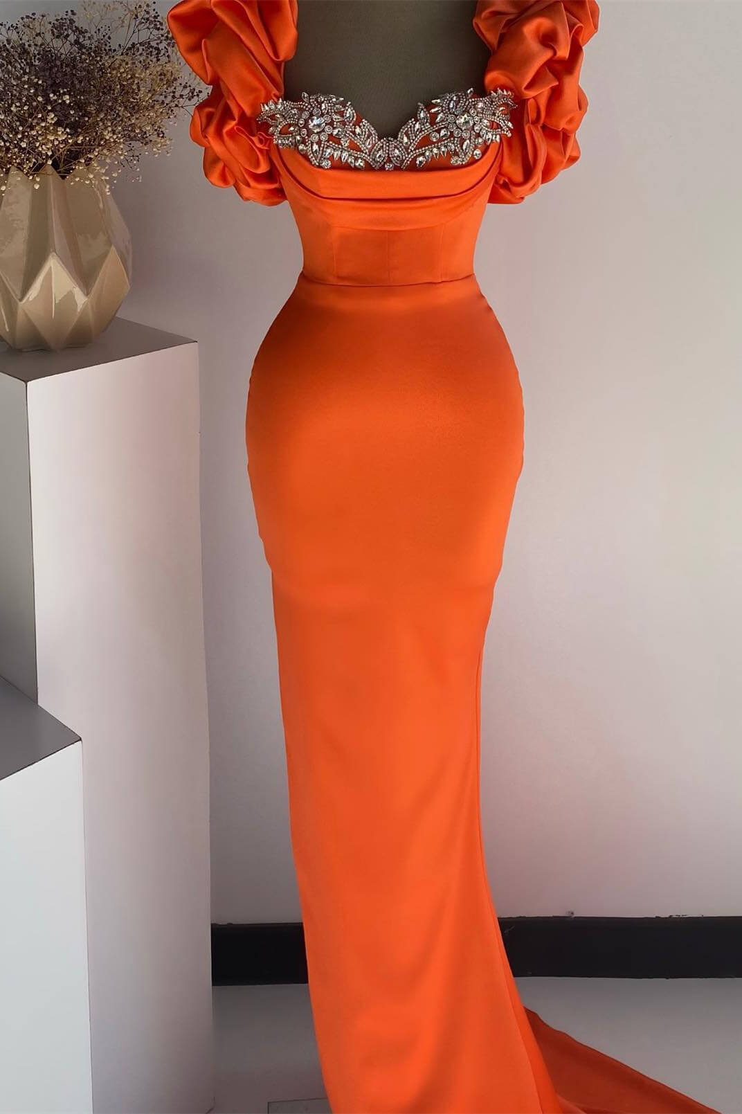 Chic Orange Sweetheart Bubble Sleeves Mermaid Evening Gown With Beadings Crystals - lulusllly