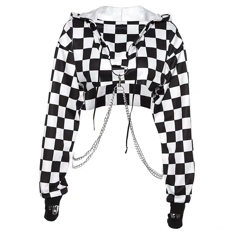 Punk Suspender Plaid Cropped Hoodies