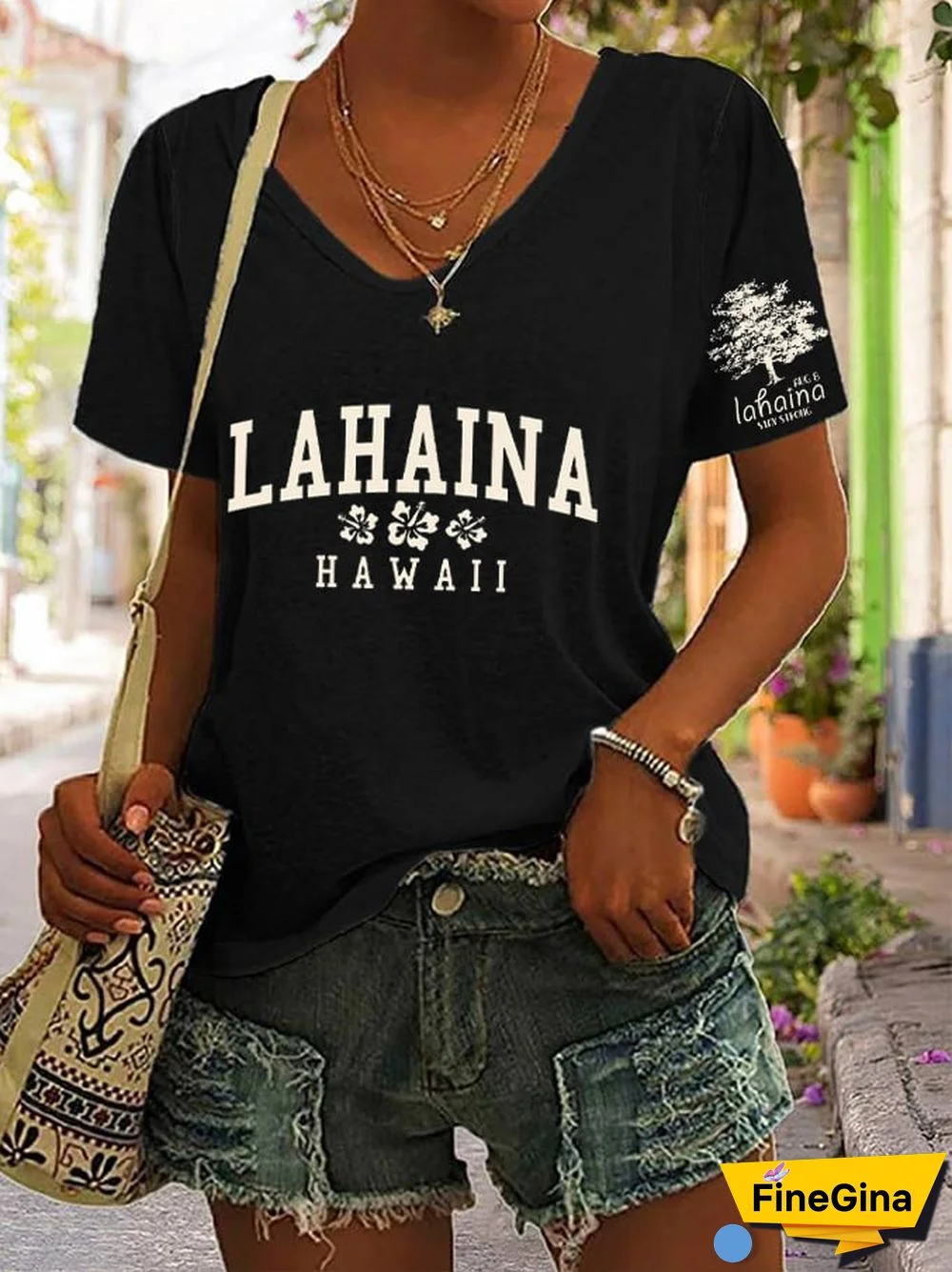 Women's Lahaina Strong Hawaii Tree of Life Aug 8 Print V-Neck T-Shirt