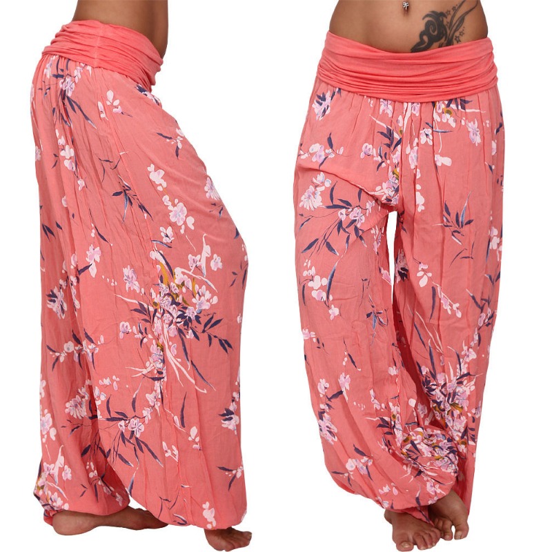 Women's Loose Printed Long, Artistic and Retro Waistband Wide Leg Pants, Comfortable and Fashionable Harlan Casual Pants