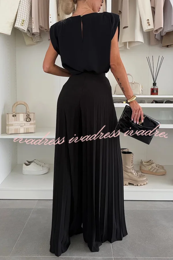 Fashionable Round Neck Shoulder Pads Top and Elastic Waist Pleated Wide-leg Pants Set
