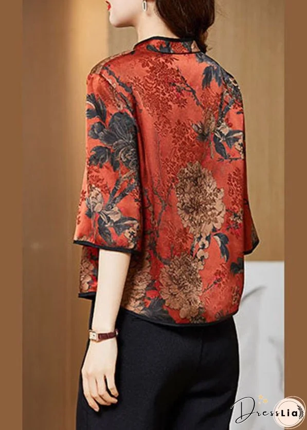 Vintage Red Mandarin Collar Print Silk Shirt Tops Half Sleeve
