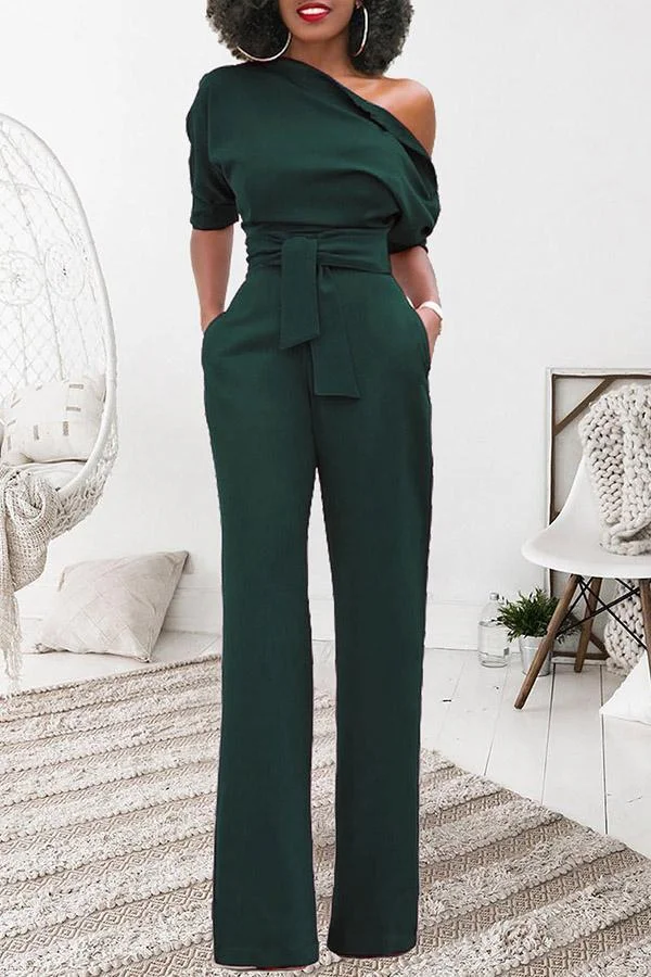 Classic Solid Color Diagonal Belt Jumpsuit