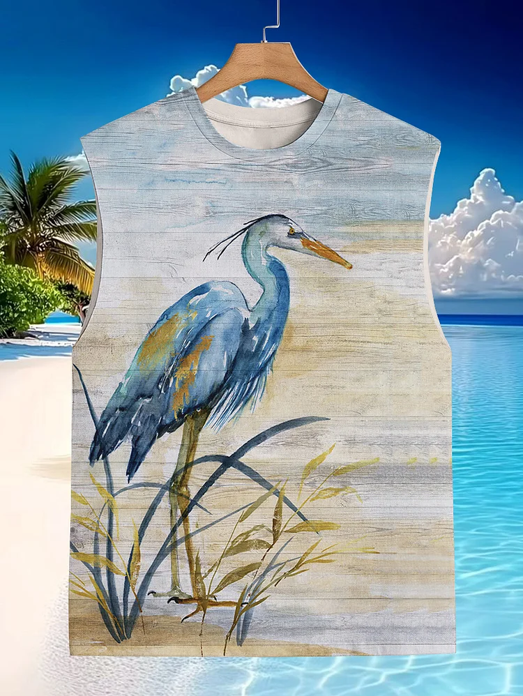 Men's Heron Bird Hawaii Art Print Tank Top