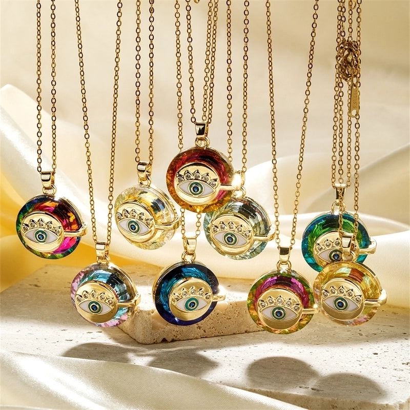 304 Stainless Steel Copper K Gold Plated Inlay Devil's Eye Crystal Pendant Necklace