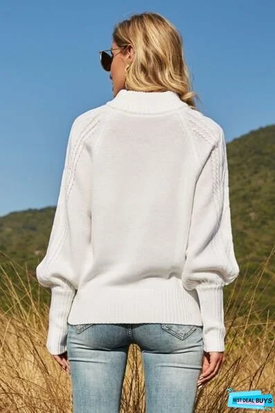 Ribbed Mock Neck Lantern Sleeve Sweater