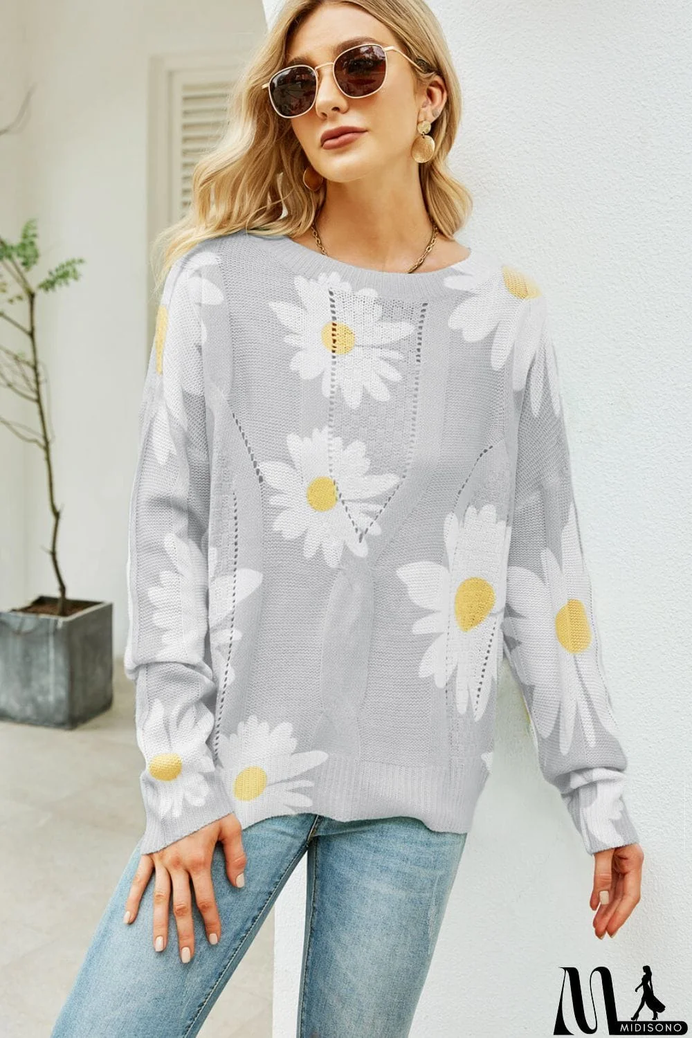 MidiSono - Daisy Print Openwork Round Neck Sweater