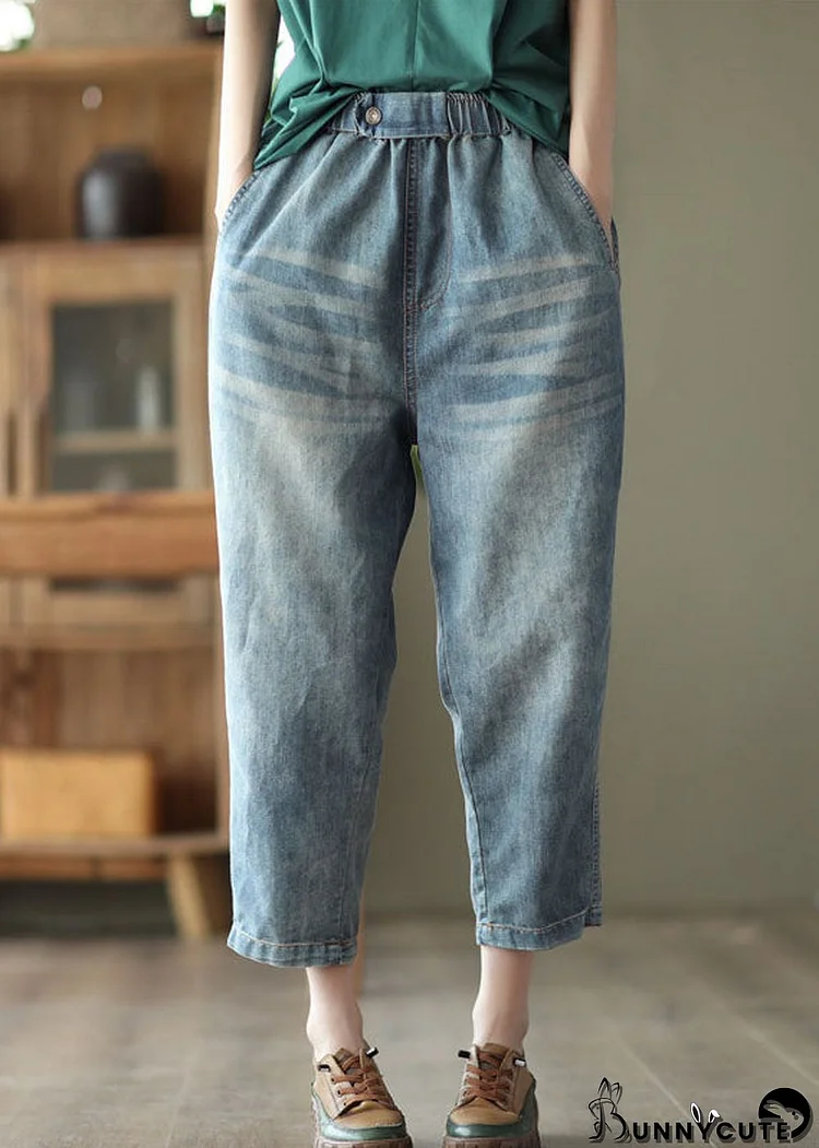 Classy Light Blue Elastic Waist Pockets Cotton Denim Crop Pants Summer