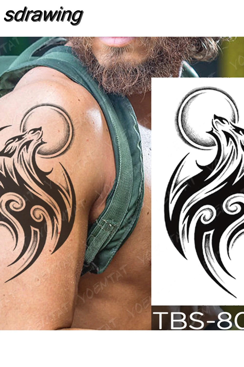 sdrawing Temporary Tattoo Sticker Yin Yang Dragon Feather Wings Flash Tattoos Wolf Totem Body Art Arm Fake Tatoo Men