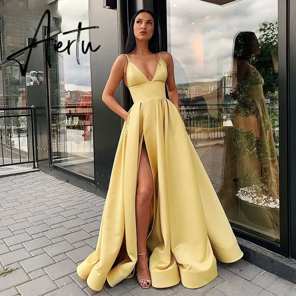 Aiertu Sexy V Neck Satin Evening Dresses Spaghetti Strap Side Slit Prom Dress High Waist Evening Gowns Party Dress Robe De Soiree Aiertu