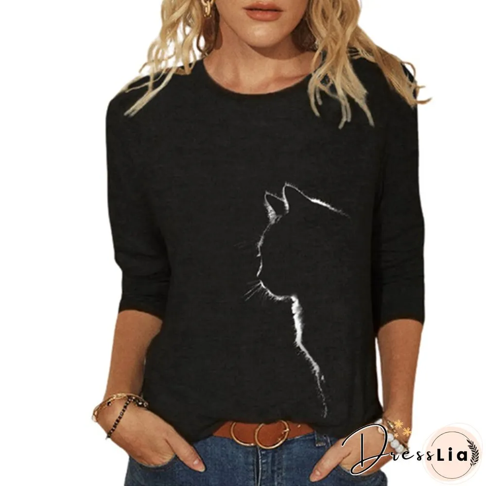 Cute Cat Print Long Sleeved Womens Shirt Spring Autumn Casual