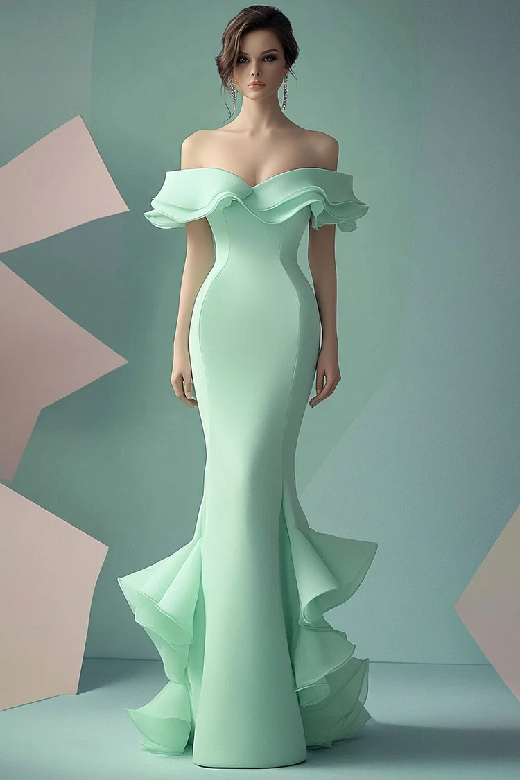 Off The Shoulder Irregular Ruffle Maxi Dress-Mint Green [Custom-Made]