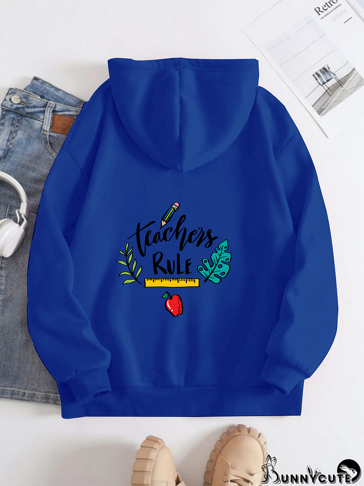 Printed on the Back Kangaroo Pocket Hoodie Long Sleeve for Women Pattern Colorful Teacher's Day Ruler