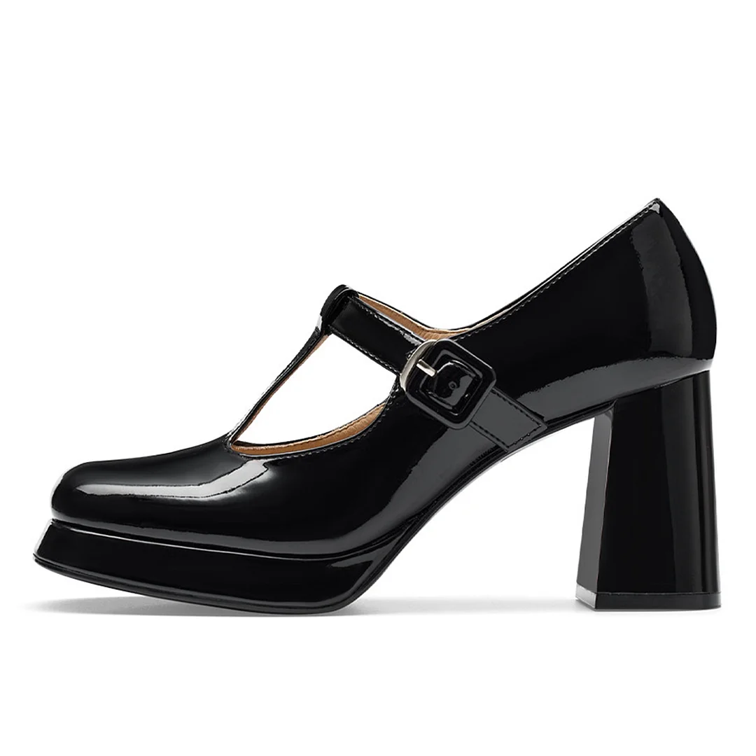 Patent Leather Square Toe Block Heel Platform Mary Janes in Black