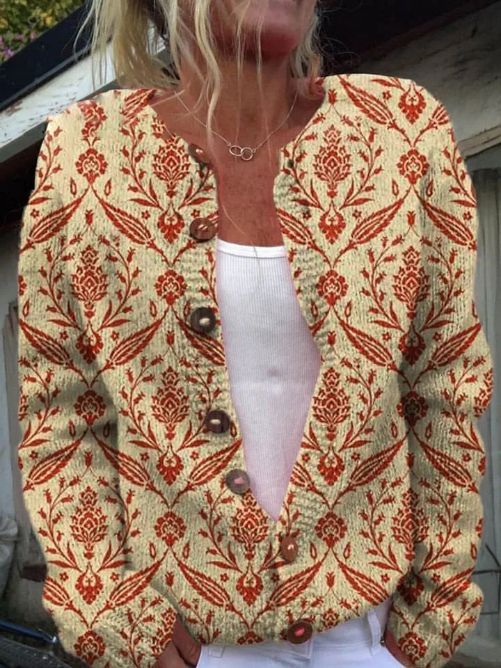 Women's Vintage Lovely Floral Art Print Buttoned Cardigan Sweater