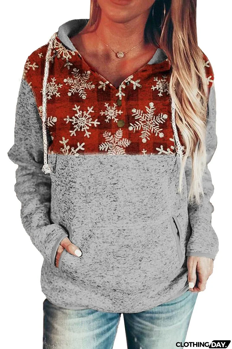 Christmas Snowflake Print Plaid Stitching Hoodie