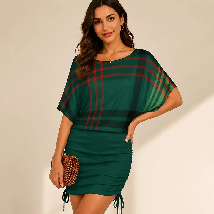 red tartan bodycon dress SFneewho® Clan Ross Hunting Green Plaid Checkered Dark Scottish Ruched Side Women Batwing Night Out Mini Dress Decades > 1960s Size:XL_26-28 Ideal for office wear Sage PrettyLittleThing Bridesmaid Satin