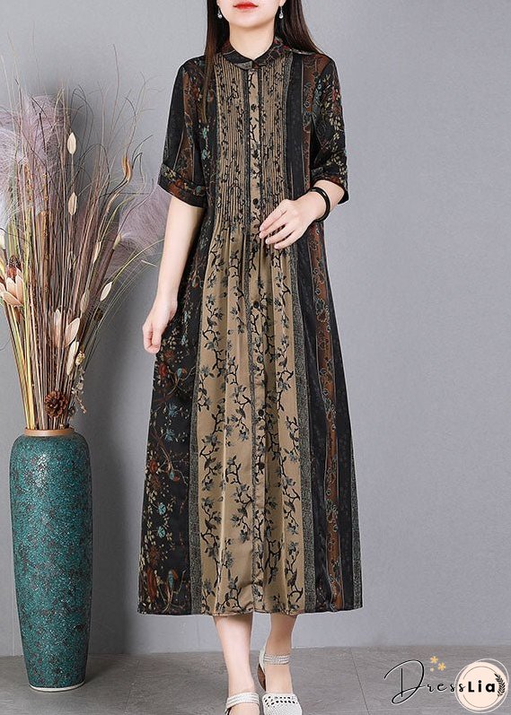 Loose Black O-Neck Print Patchwork Wrinkled Silk Party Dress Short Sleeve