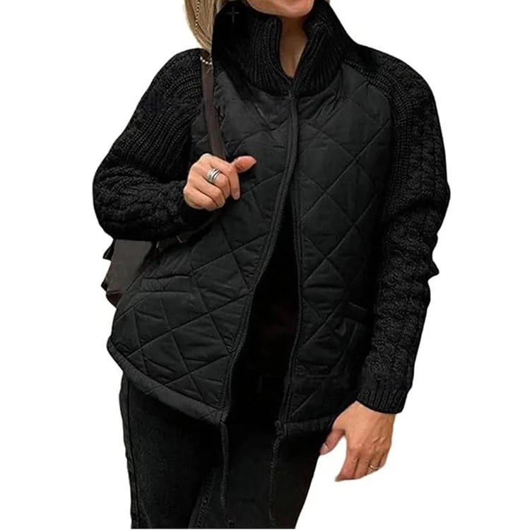 Women's Knit Patchwork Puffy Jacket Lightweight Zip Up Baggy down Jacket