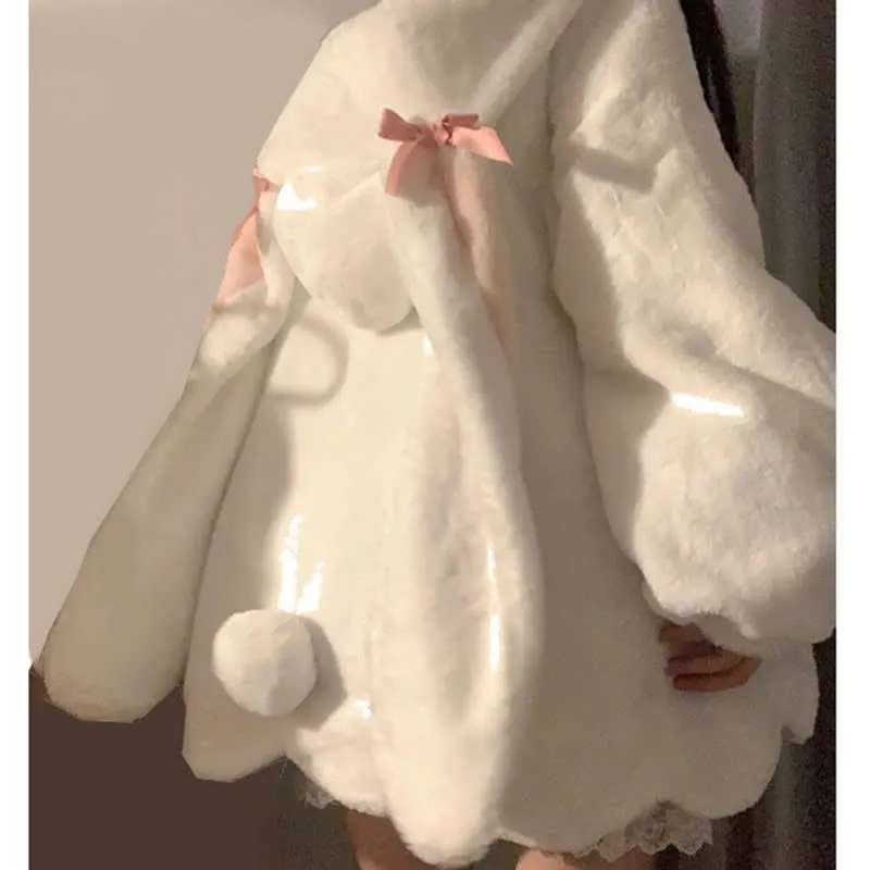 Kawaii Bunny Ears Velvet Loose Hooded Coat Outerwear