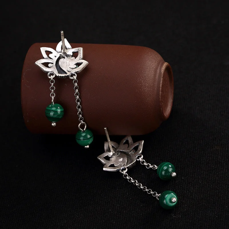 990 Sterling Silver Malachite Phoenix Peony Flower Bead Protection Drop Earrings