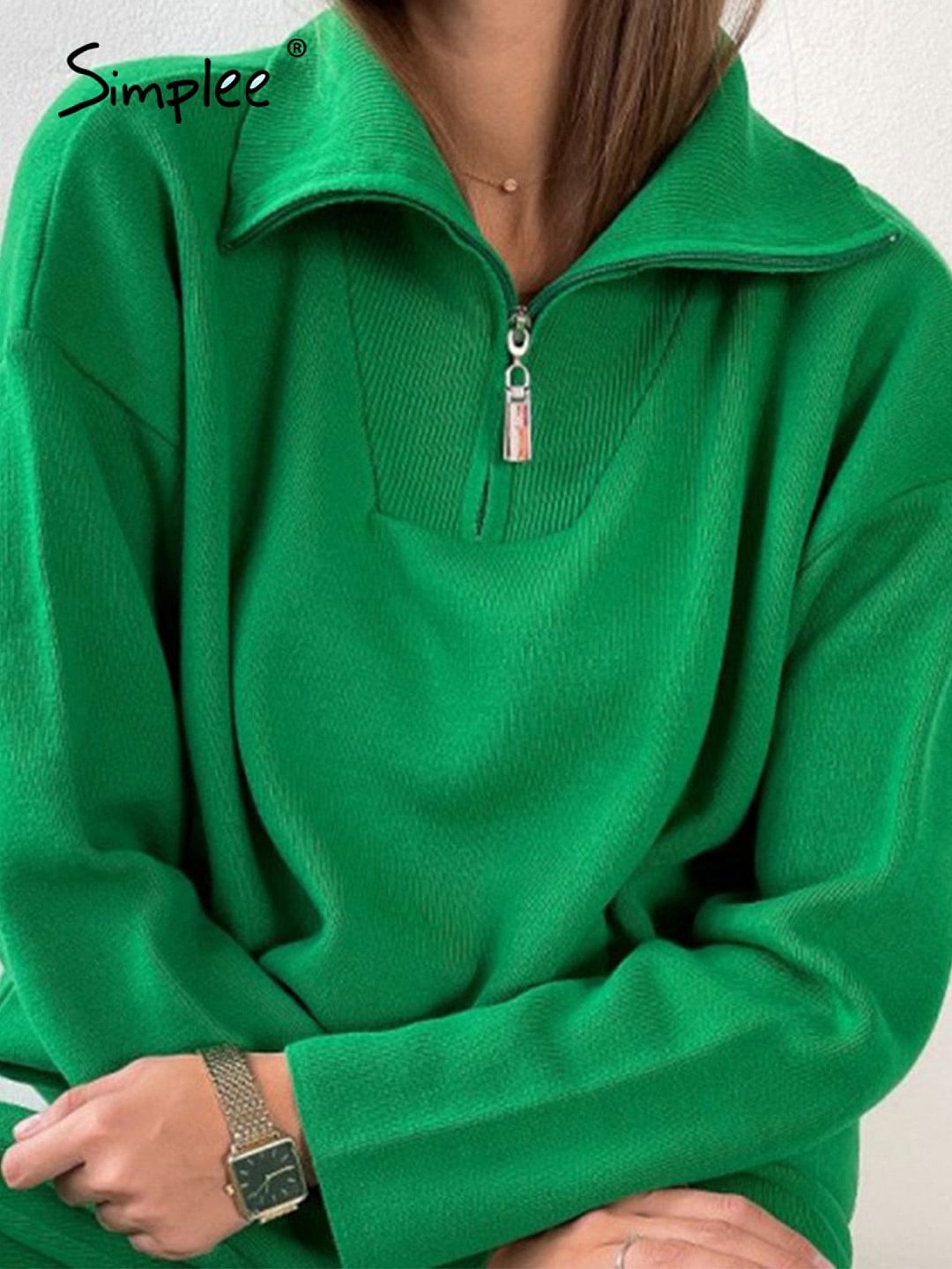 Simplee Polo collar oversize women autumn jumper High street long sleeve green loose sweater Fashion color block zipper pullover