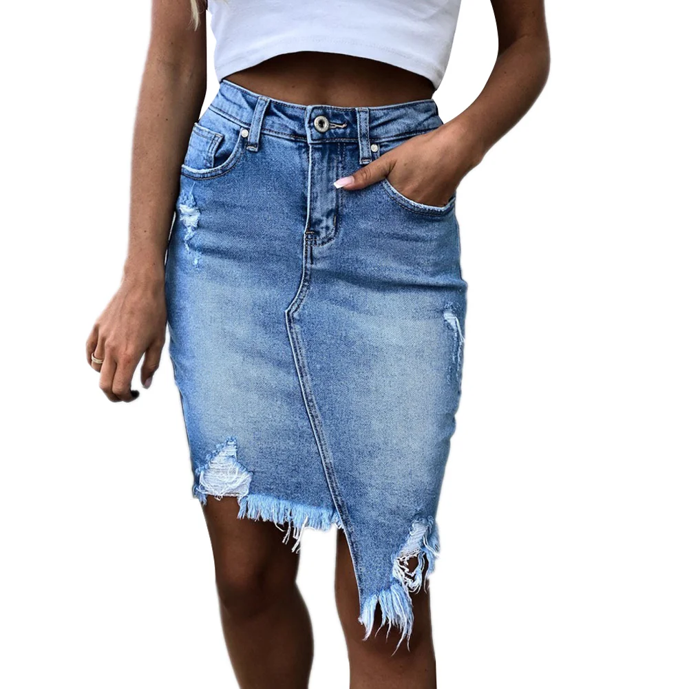 Women's New High Waist Stretch Ripped Denim Denim Skirts Solid Frayed Holes Bodycon Mini A-line Pencil Skirt Streetwear