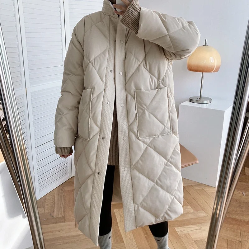 Women's Casual Winter Stand-up Collar Argyle Pattern Oversized Down Jacket Chic Parka New Korean Style Long Cotton-padded Coat