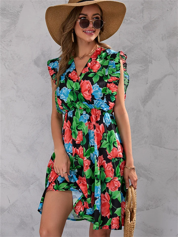 Women's Summer Floral Waist Ruffle Sleeveless Dress