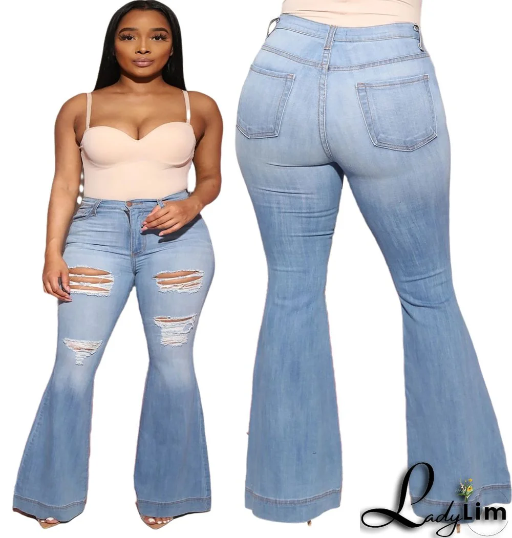 Plus Size High Waist Ripped Flare Jeans