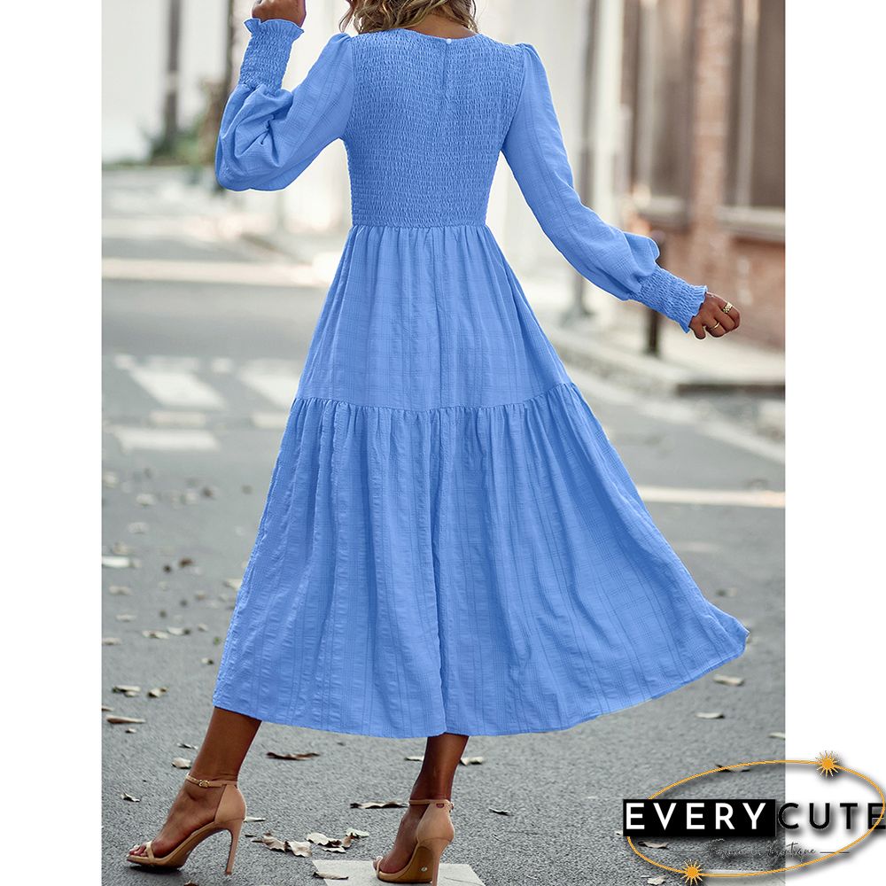 Light Blue Puff Sleeve Pleated Swing Long Dress
