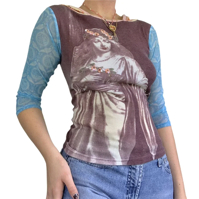 2021 Fairy Grunge Shirt Basic Mesh Print Top Women E Girl Gothic Punk Style T-shirts Tees Clothes Street Tops Womens Clothing