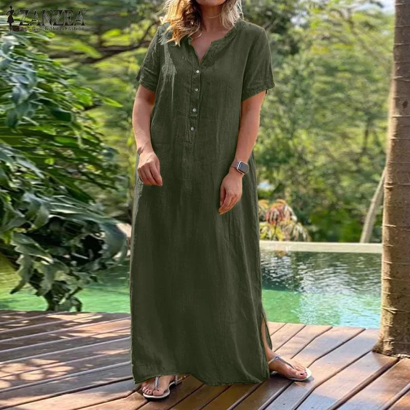 ZANZEA Women Long Shirt Dress Summer Sundress Vintage Short Sleeve Solid Cotton Vestidos Robe Femme Dresses Kaftan  7