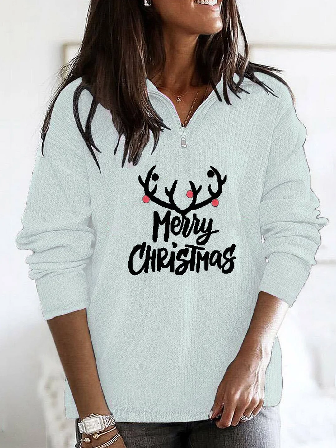 Women Long Sleeve V-neck Zipper Sweaters