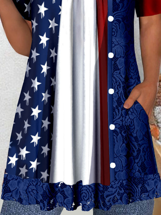 Women's Short Sleeve Scoop Neck Graphic Star Printed Lace Tops