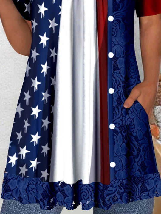 Women's Short Sleeve Scoop Neck Graphic Star Printed Lace Tops