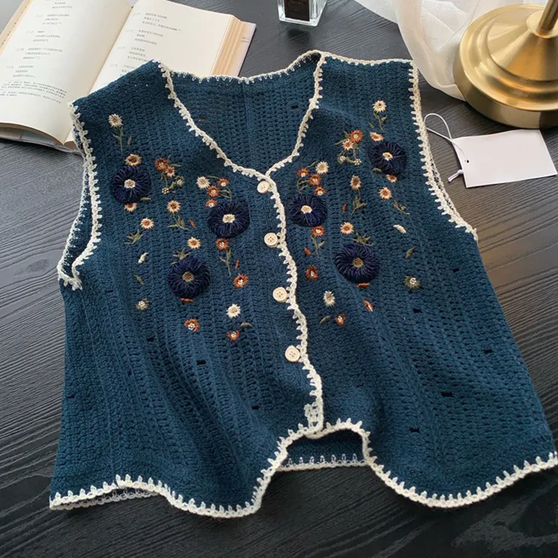 Women's Fashion Embroidered Vintage Knitted Crochet Hollow Sweater Vest Top