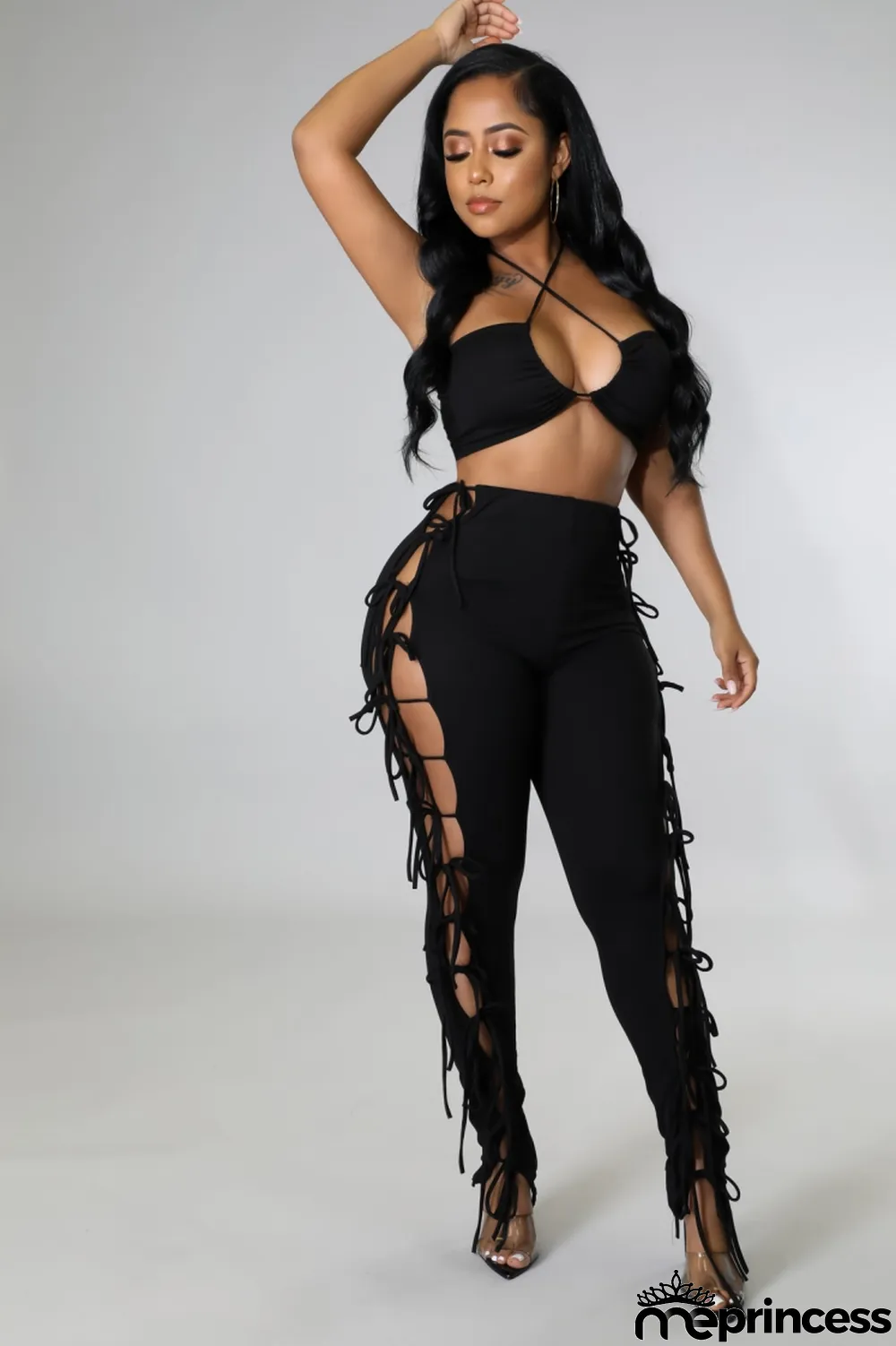 Women Summer Black Casual Strapless Sleeveless High Waist Solid Lace Up Regular Two Piece Pants Set