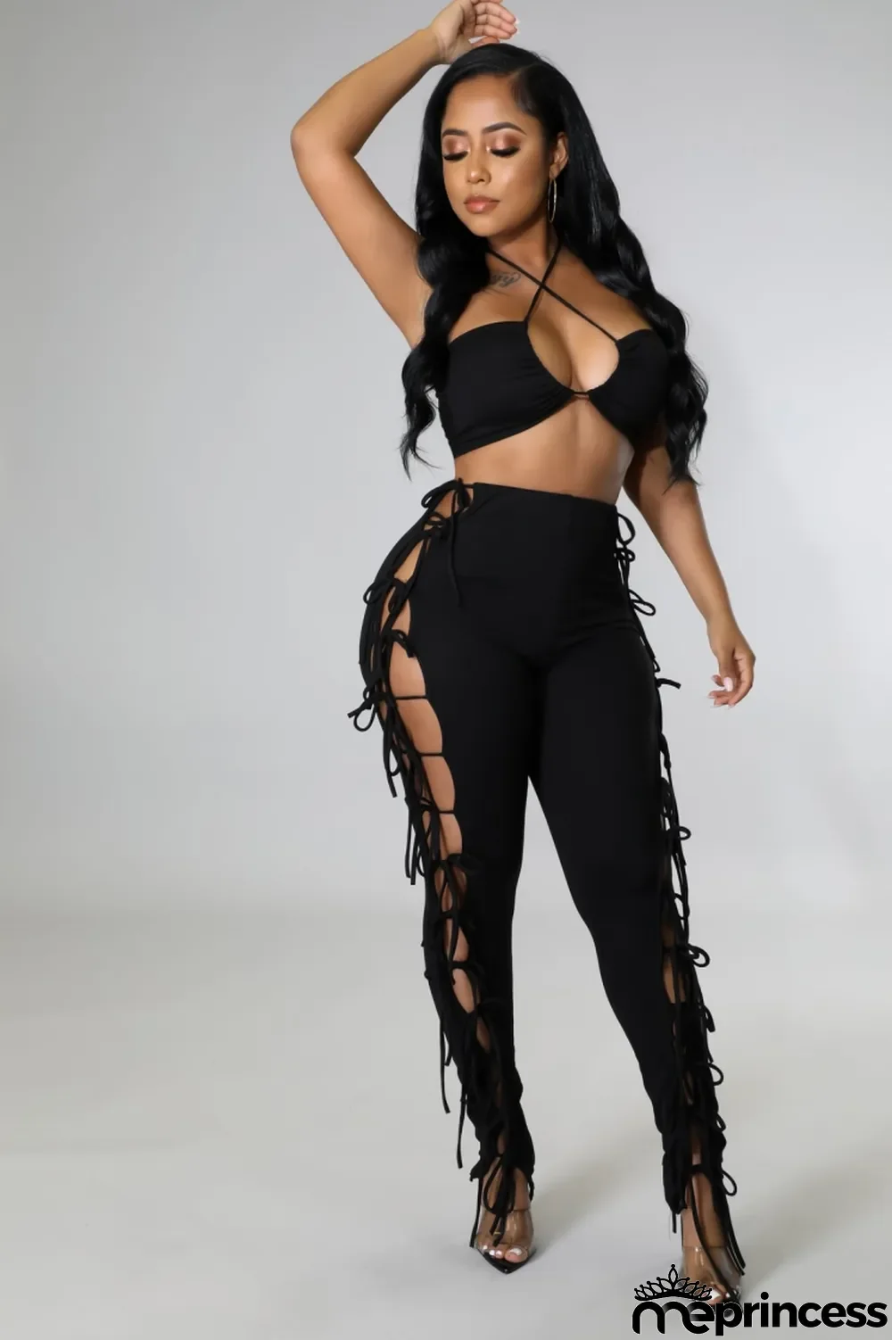 Women Summer Black Casual Strapless Sleeveless High Waist Solid Lace Up Regular Two Piece Pants Set