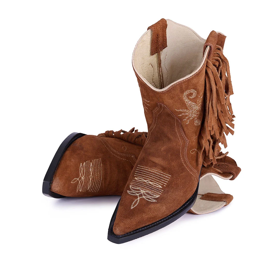 Brown Pointed Toe Scorpion Embroidery Chunky Heel Fringe Cowgirl Boots