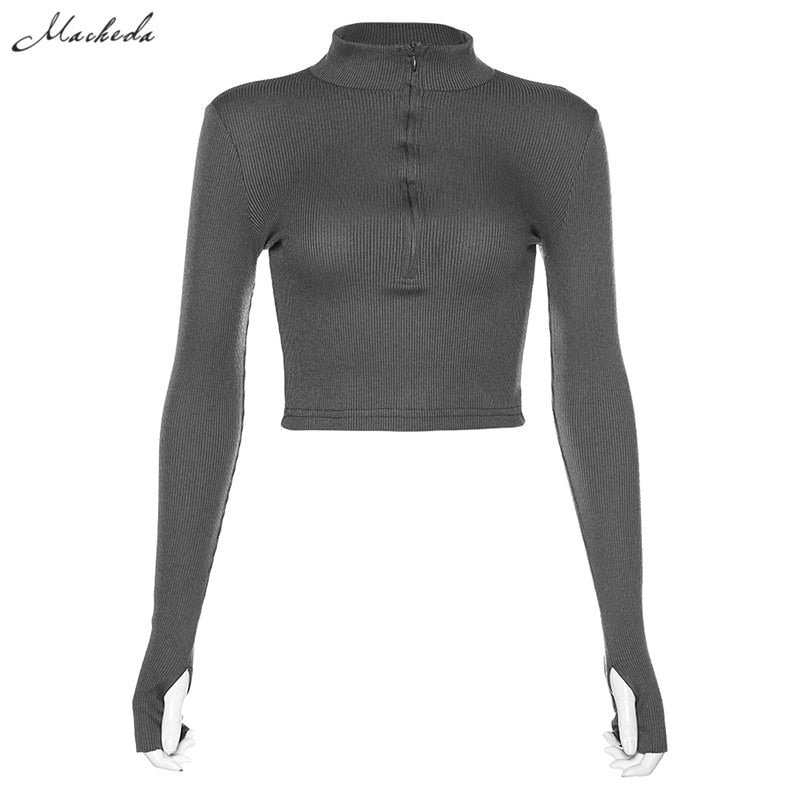 Macheda 2021 Spring New Simple Bodycon Ribbed Knitted Zipper Tees Shirt Crop Top Casual Streetwear Elegant Solid Short Top Woman