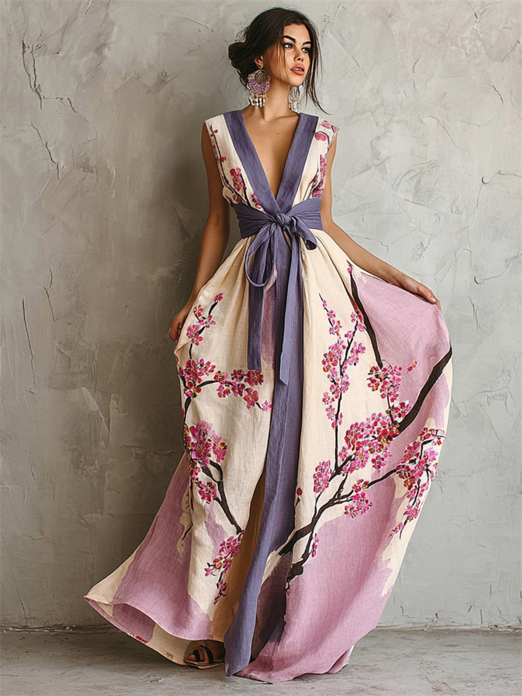 Classy Cherry Blossom Colorblock Flowy Tied Linen Maxi Dress wearshes