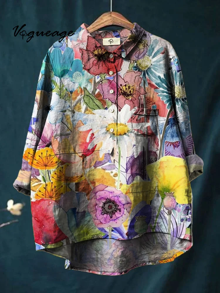 Colorful And Vivid Flowers Print Cotton And Linen Shirt