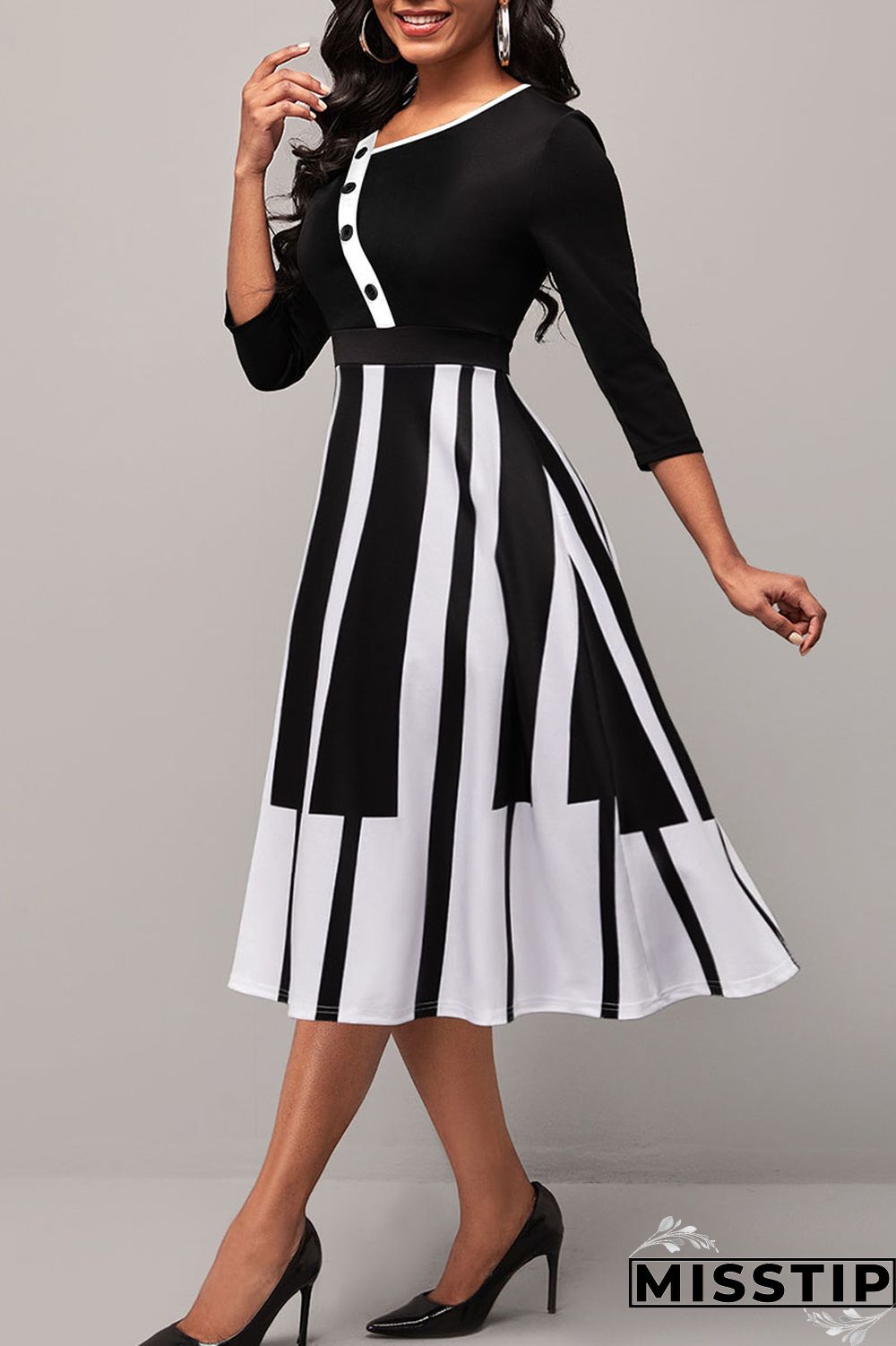 Black Casual Elegant Print Patchwork V Neck A Line Dresses