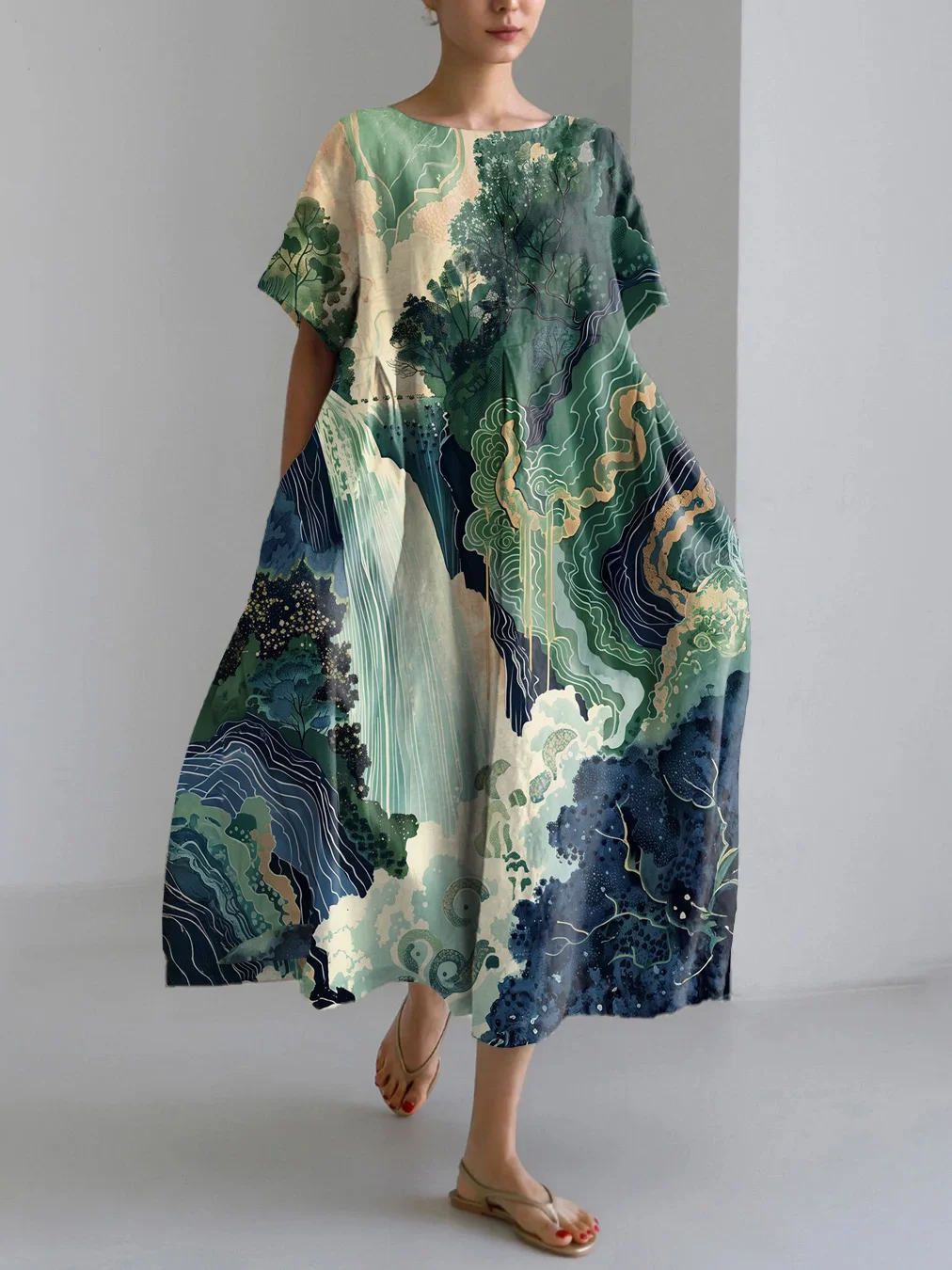 Hokusai Ukiyo-e Japanese Waterfall Art Landscape Print Linen Blend Maxi Dress