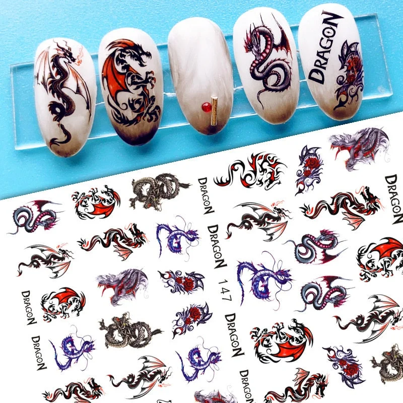 1 Sheet Dragon Snake Stickers Nail 3D Black Gothic Style Self Adhesive Slider Leaves Flowers Nails Art Decoration Decals Wraps-Nail Inspo