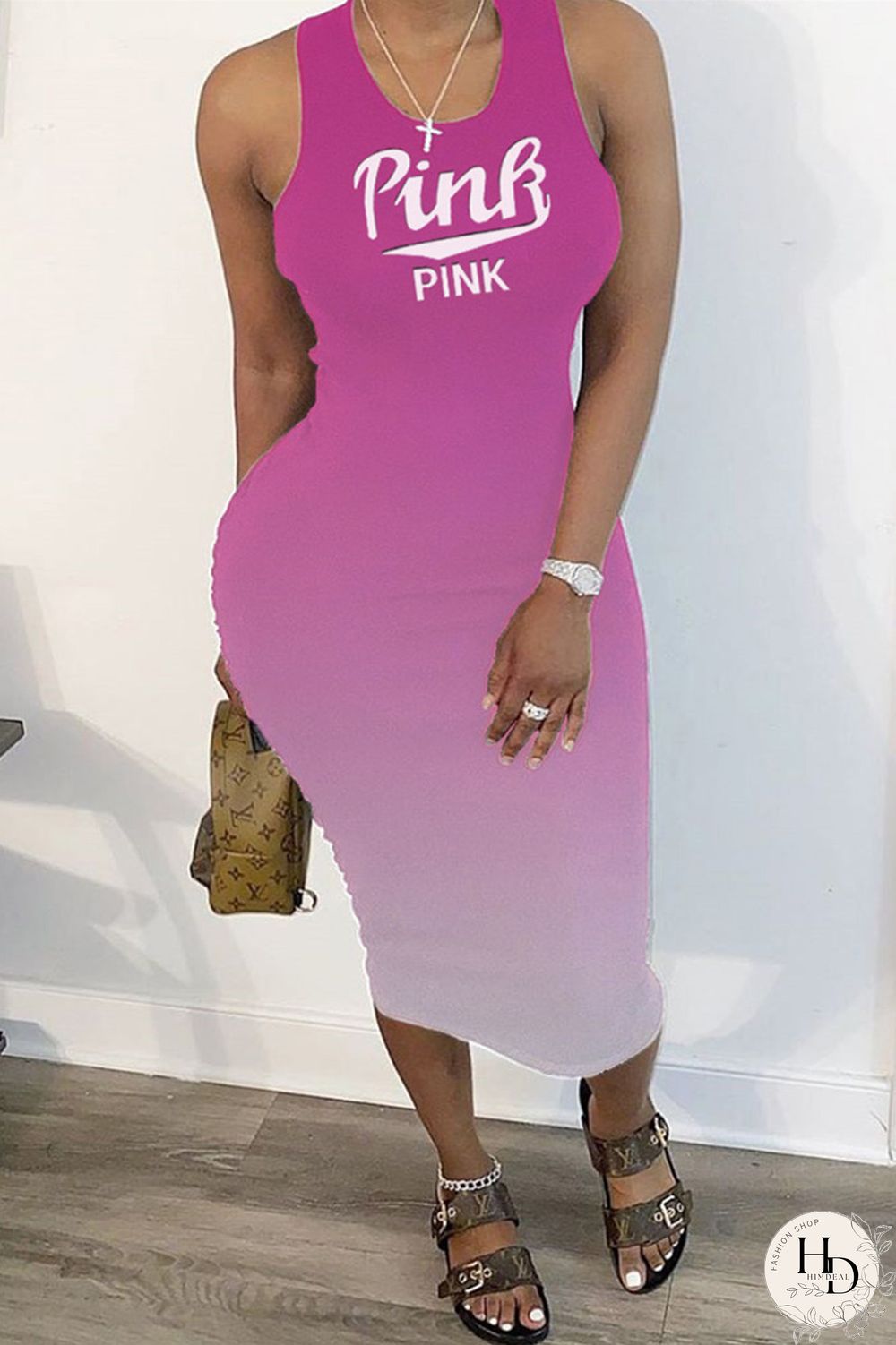 Rose Red Fashion Casual Gradual Change Letter Print Basic U Neck Vest Dress