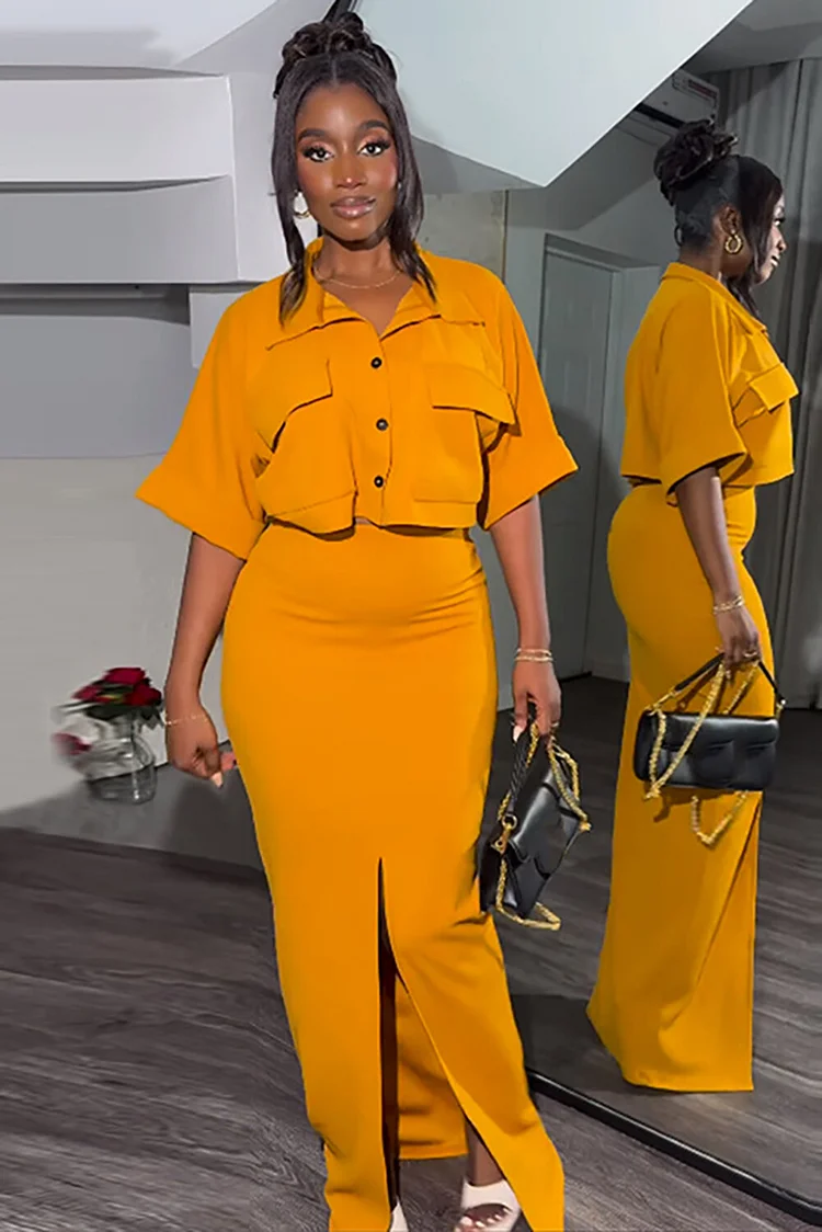 Pocket Half Sleeve Crop Blouse Solid Color Slit Maxi Skirt 2pcs Set-Orange