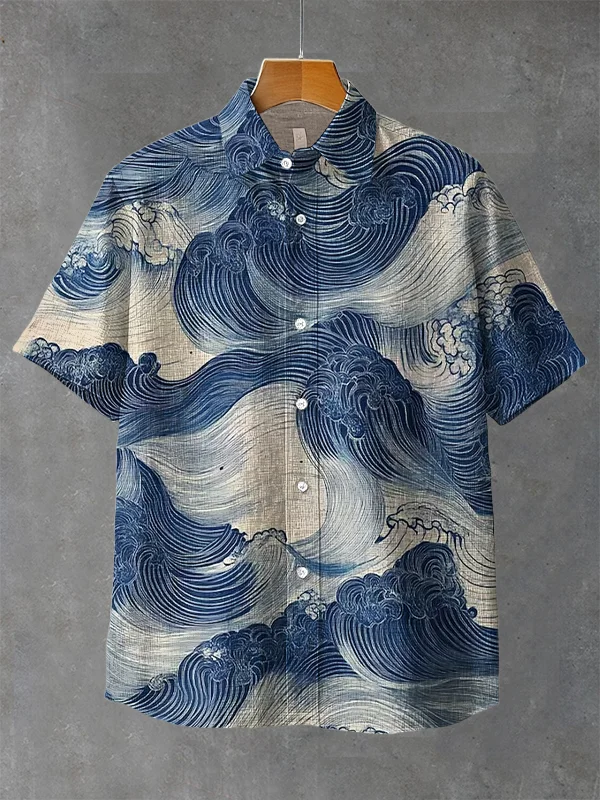 Men's Sea Wave Japanese Art Print Short Sleeve Shirt